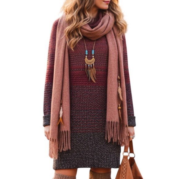 Roots Burgundy Gray Ombre Knit Sweater Dress Medium - Picture 13 of 13